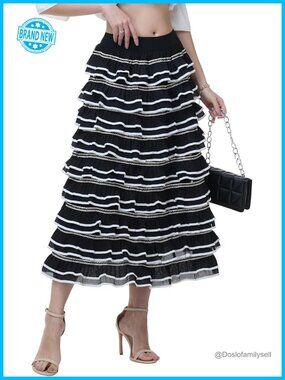 Tulle Tiered Maxi Skirt High Waist Color Block Ruffle Layered Tutu Skirt French
